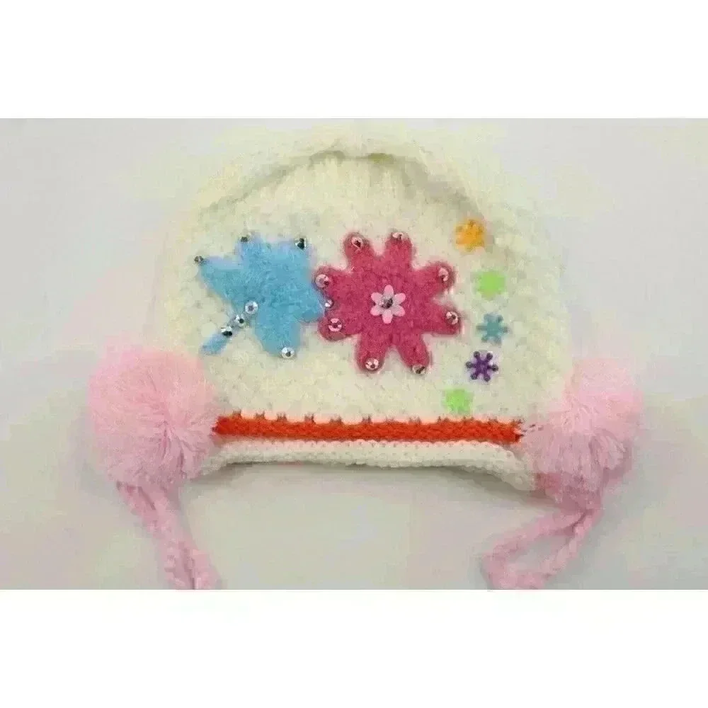 HAND knitted girl hat with knitted applique with beads for 3-6 year old. NEW.